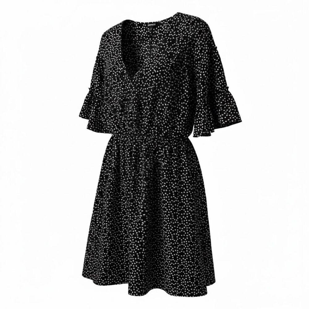 Express Polka Dot Flutter Sleeve Mini Dress Black White Elastic Waist Size M